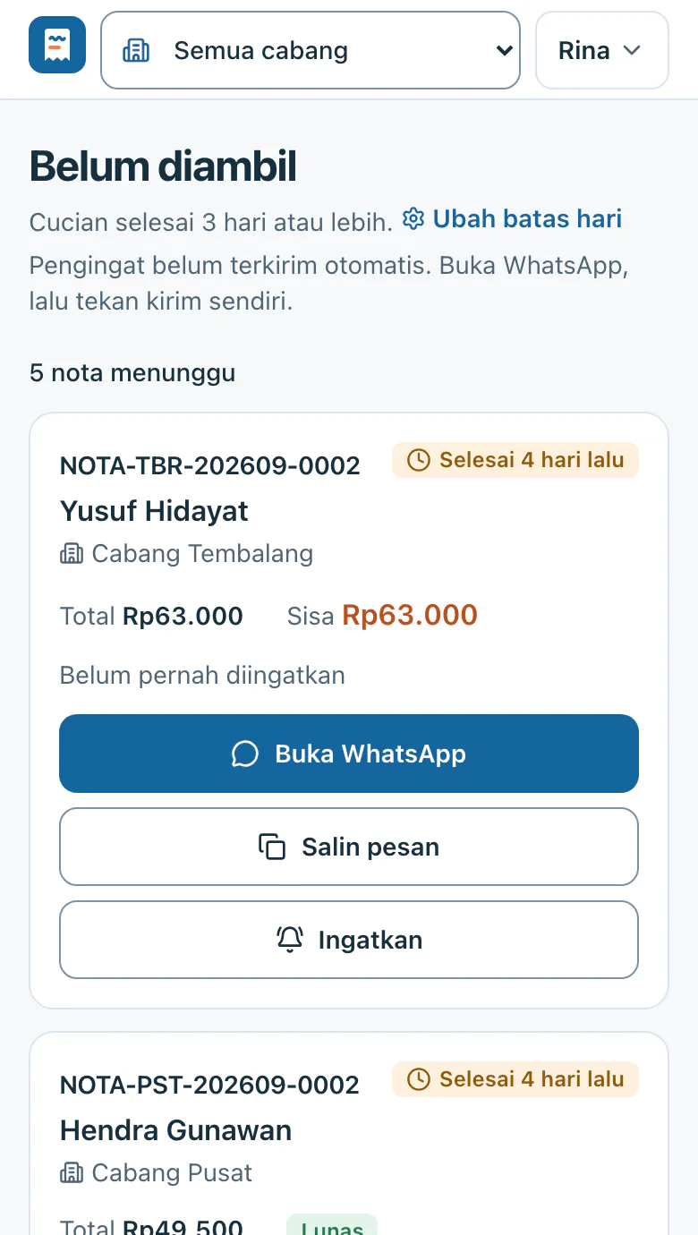 Daftar Belum diambil di HP: nota selesai 4 hari lalu dengan tombol Buka WhatsApp, Salin pesan, dan Ingatkan.