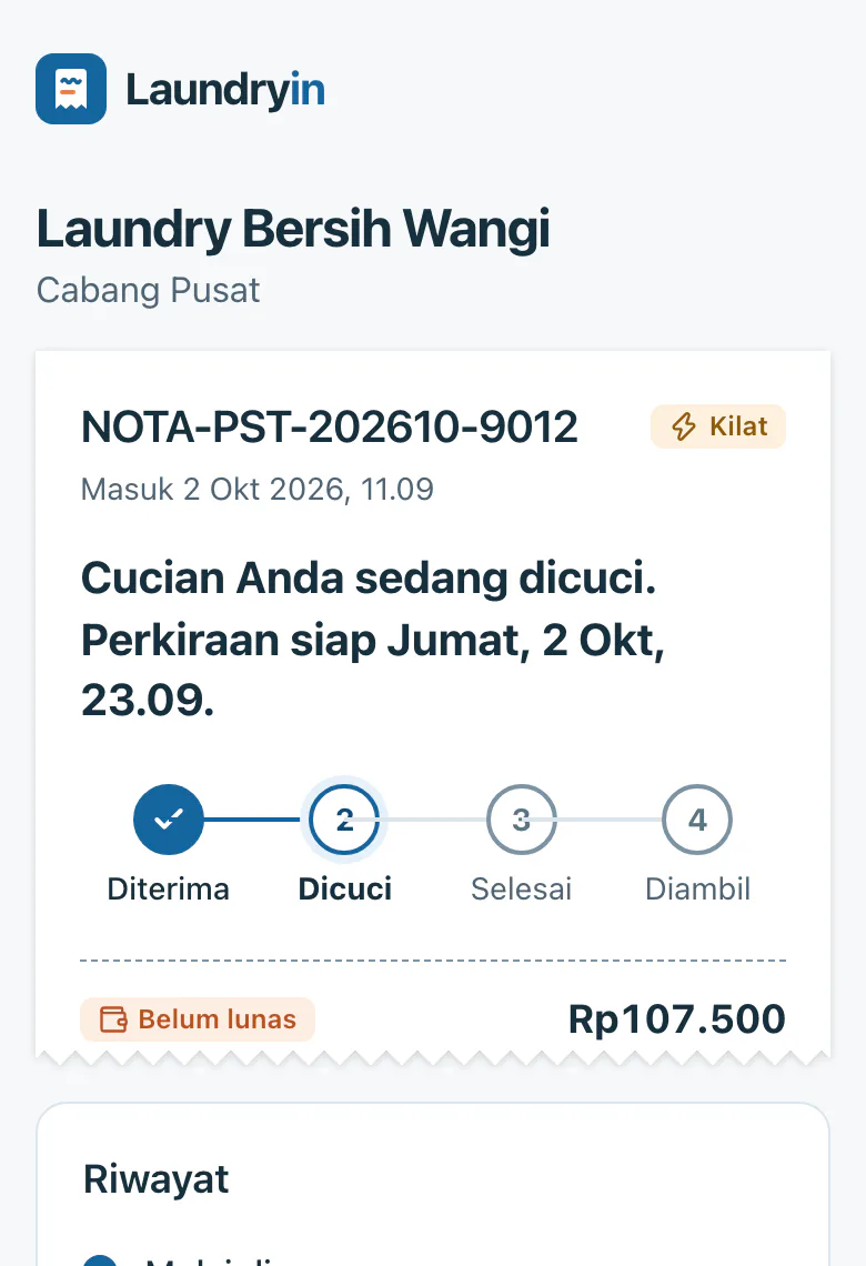 Halaman lacak di HP pelanggan: nota kilat sedang dicuci, perkiraan siap, empat tahap, dan status bayar.