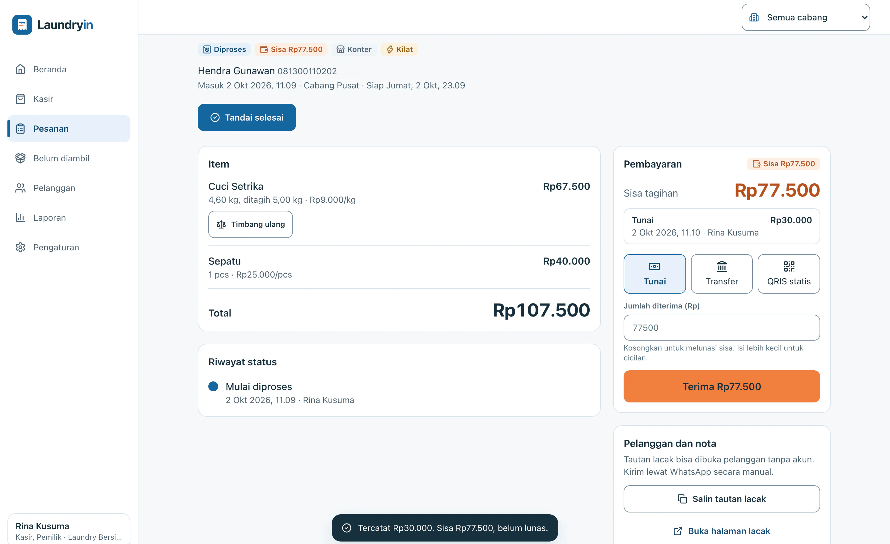 Detail nota di konter: item, total Rp107.500, pembayaran tunai Rp30.000, sisa Rp77.500, dan riwayat status.