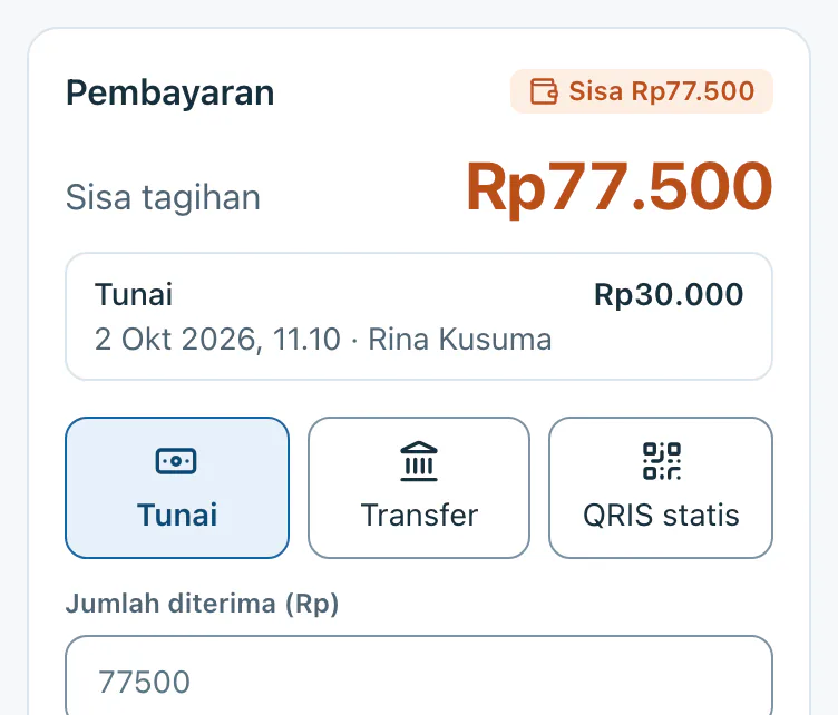 Cicilan: tunai Rp30.000 tercatat, sisa tagihan Rp77.500.