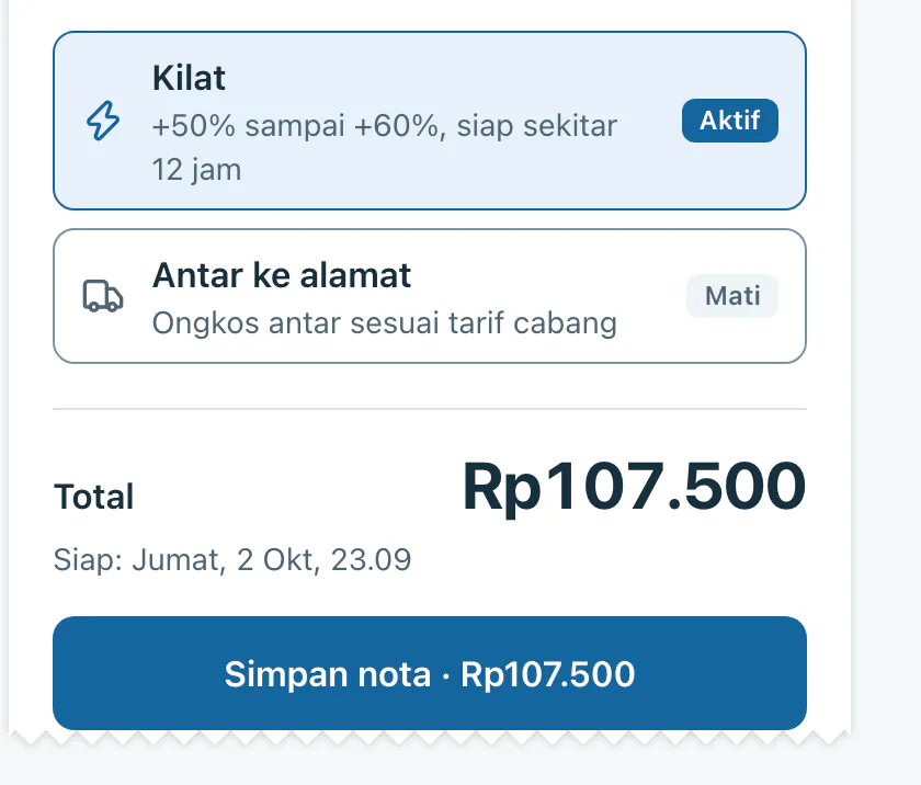 Sakelar Kilat aktif, total dan estimasi siap ikut berubah.