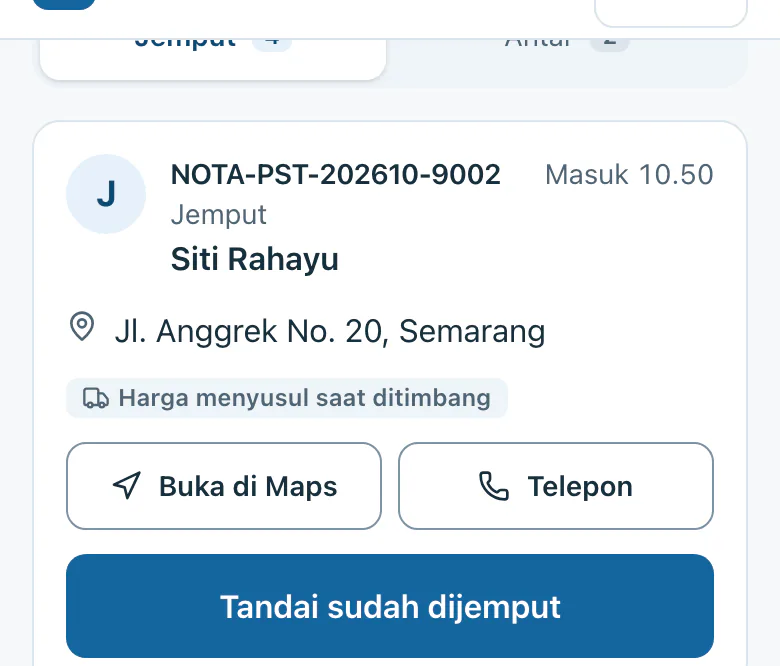 Daftar jemput kurir: alamat, Buka di Maps, Telepon, dan Tandai sudah dijemput.