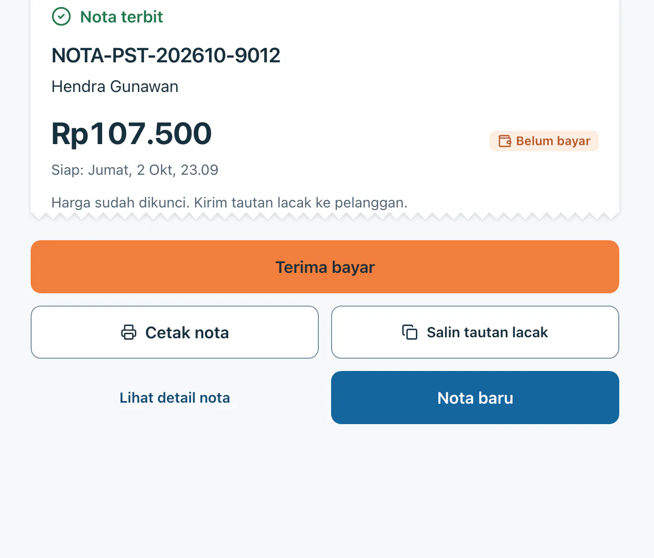 Nota terbit dengan nomor NOTA-PST-202610-9012, harga sudah dikunci.
