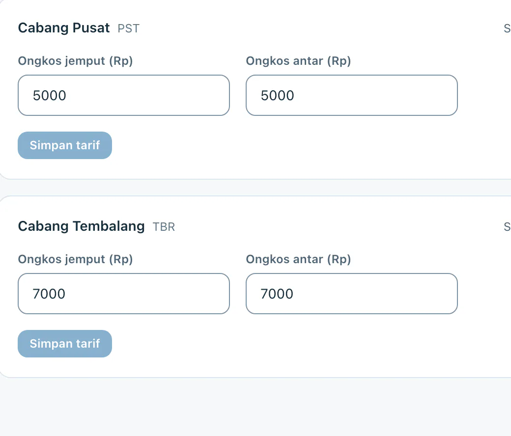 Pengaturan ongkos jemput dan antar per cabang.