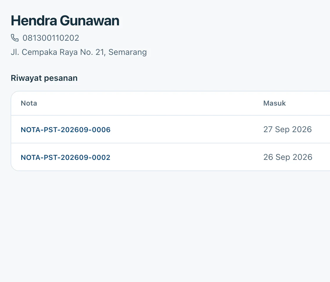 Data pelanggan: nama, telepon, alamat, dan riwayat pesanan.