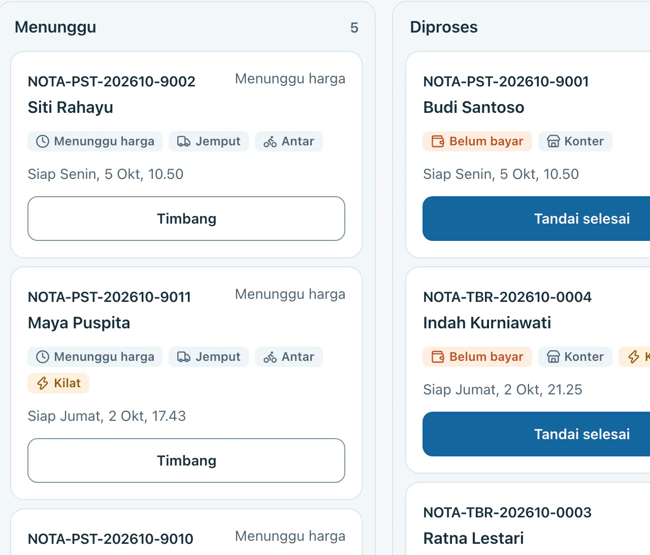 Papan proses: kolom Menunggu dan Diproses dengan tombol Timbang dan Tandai selesai.