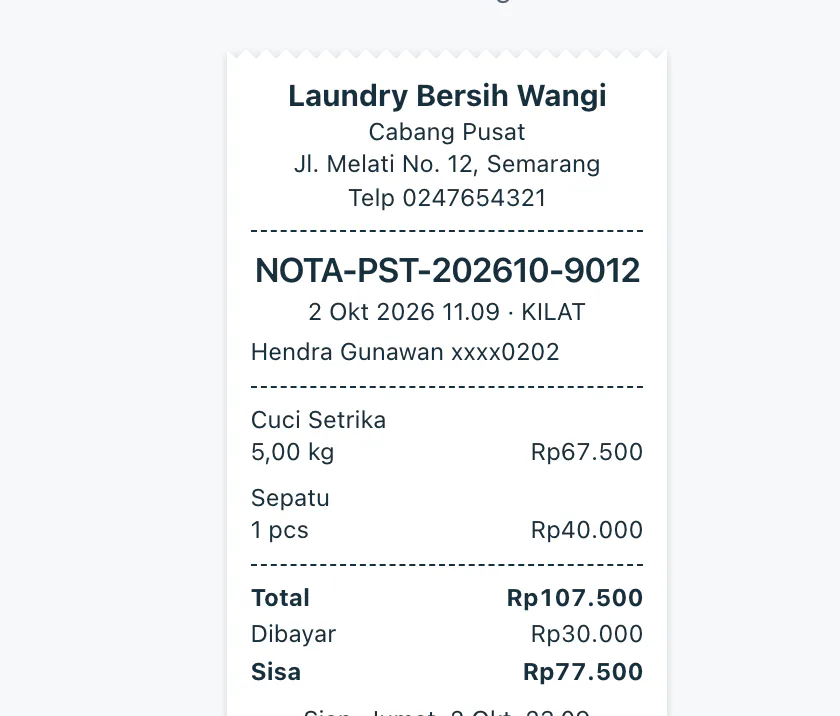 Pratinjau struk thermal 58 mm: nomor nota, item, total, dibayar, dan sisa.